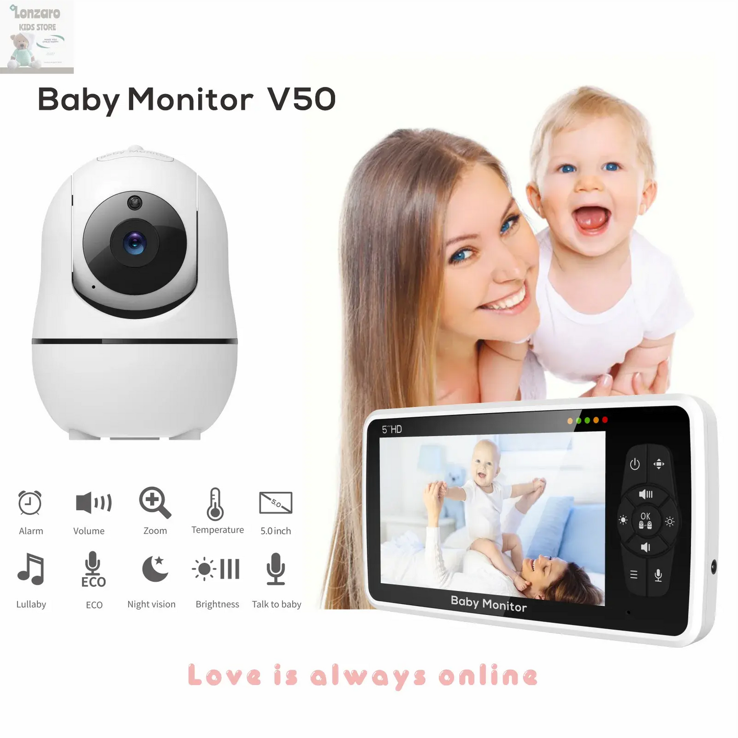 5 inch video Babyfoon met Camera en Audio - Lonzaro Kids