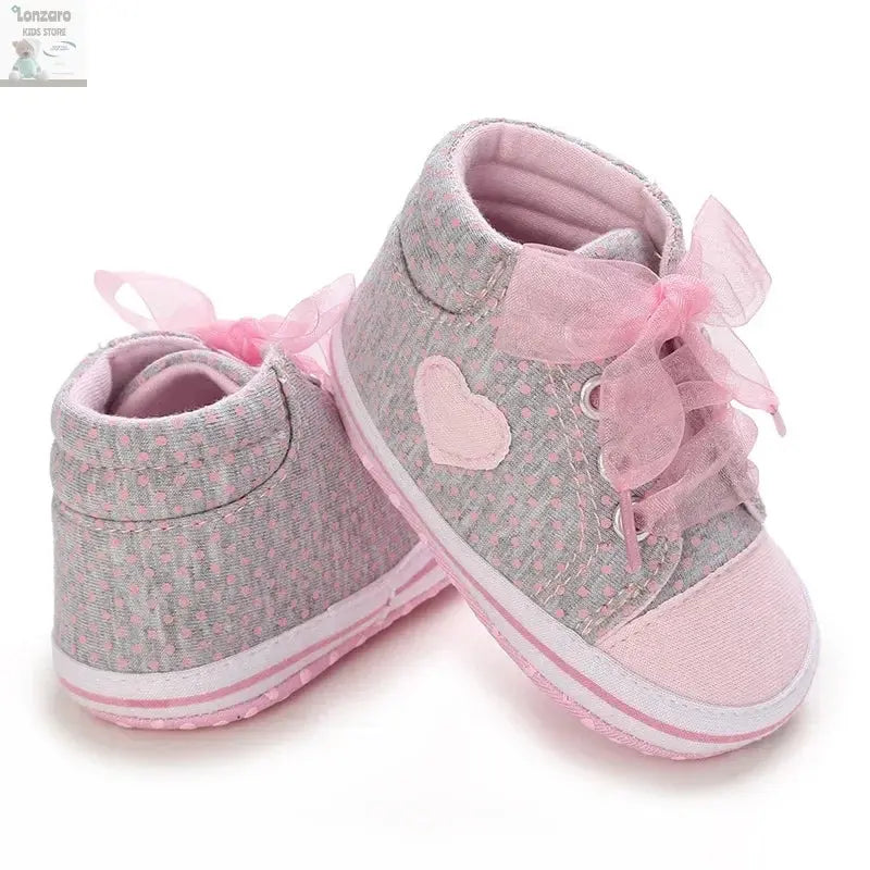 Best-selling Newborn Baby Infant Wearable Toddler Girls Canvas Shoes Heart Bow Tie Baby Lace Casual Shoes Anti-slip Soft Cotton Lonzaro Kids