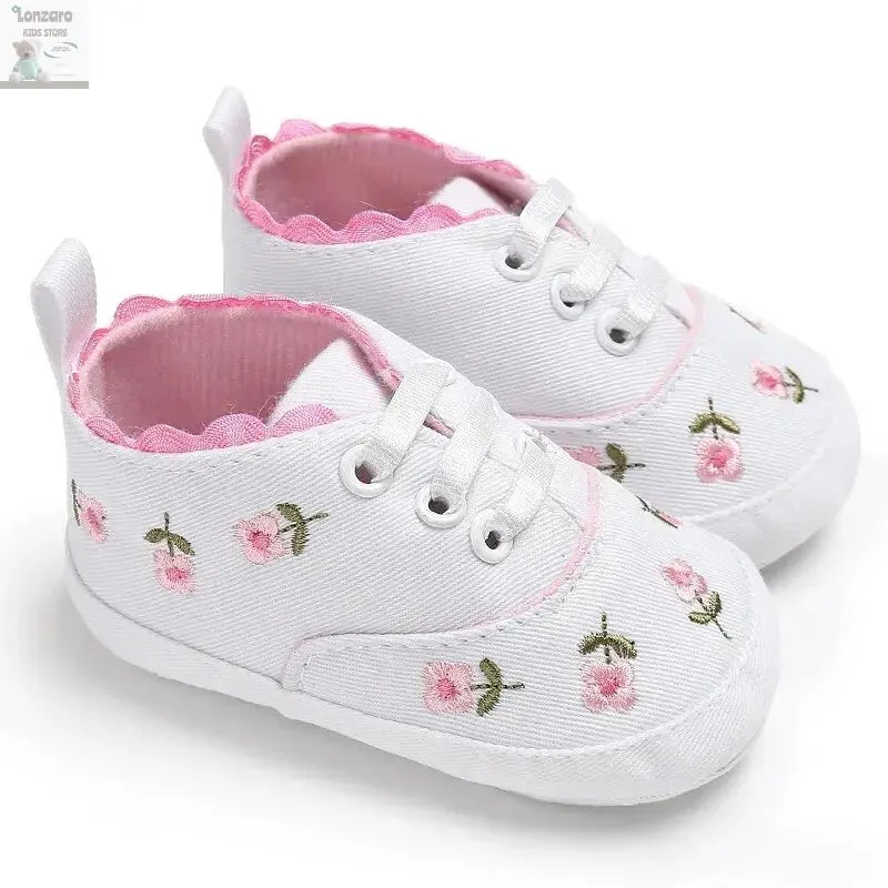 Meckior Newborn Baby Girl Casual Canvas Shoes Flower Cotton Sole Non-slip Baby Shoes Female Infant First Walkers Crib Shoes Lonzaro Kids