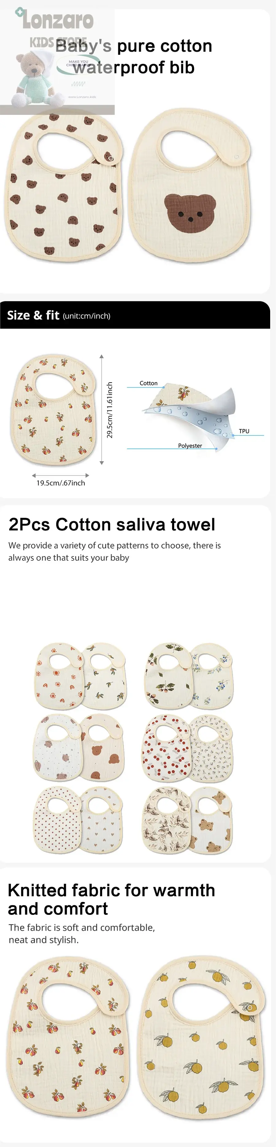 2pcs Cotton Gauze Baby Bibs U Shaped Newborn Infants Waterproof Printing Burp Cloths Saliva Towel for Baby Boys Girls Lonzaro Kids