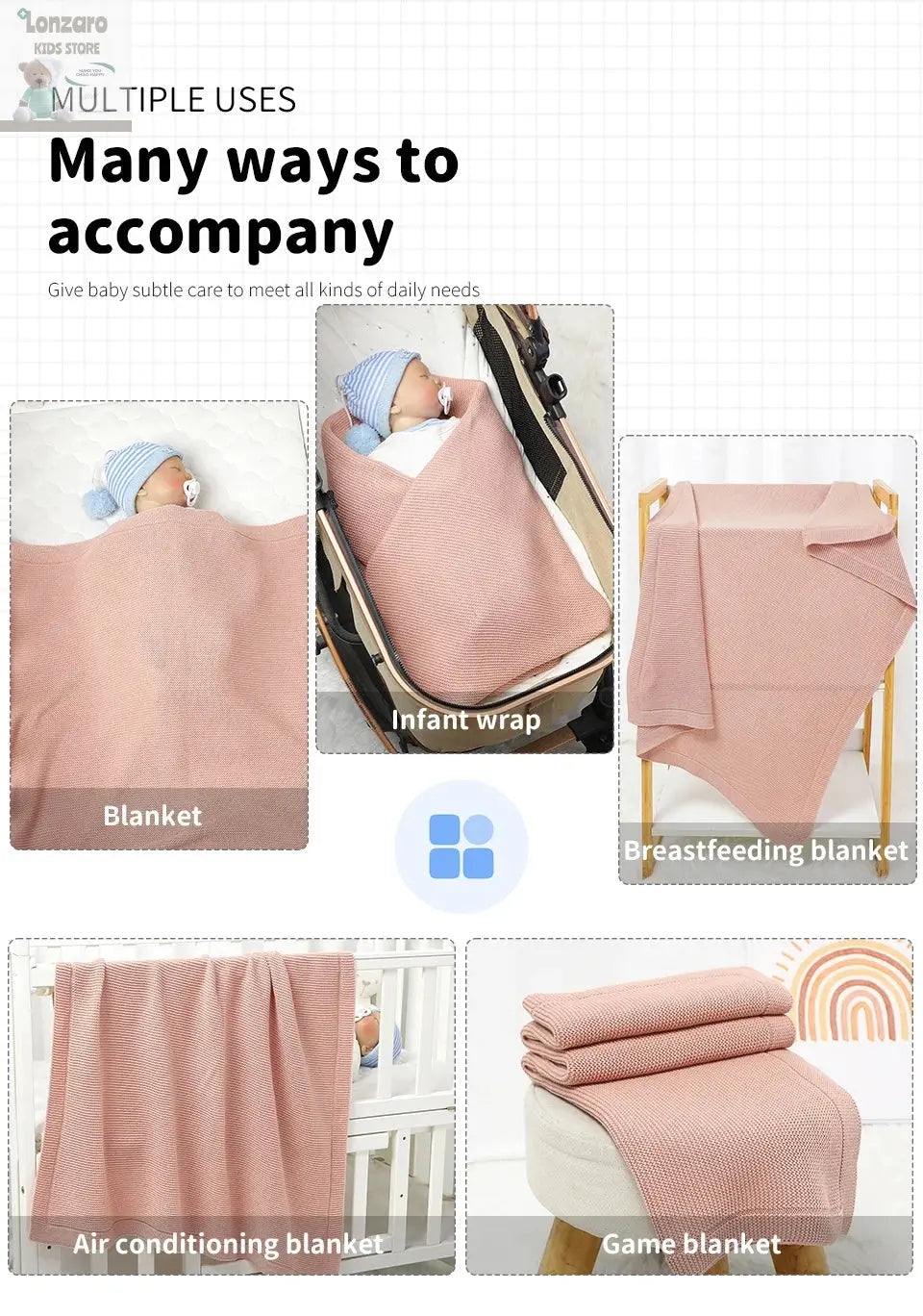 All Seasons Baby Blankets Multifunction Cotton Newborn Boy Girl Solid Stroller Nursery Swaddle Wrap Plaid 100*80cm Throwing Mats Lonzaro Kids