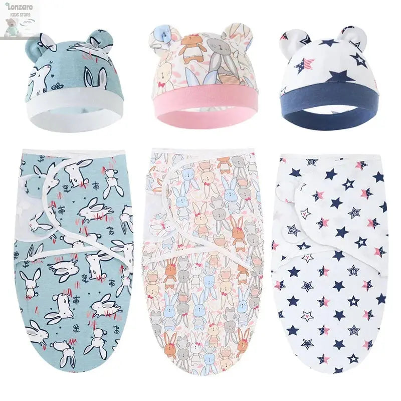 Baby Blanket Hat Set Cartoon Printed Cotton Newborn Swaddle Adjustable Infant Sleeping Swaddle Wraps All Seasons 0-6 Months Lonzaro Kids