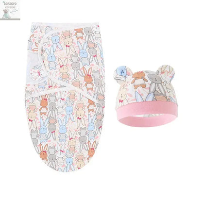 Baby Blanket Hat Set Cartoon Printed Cotton Newborn Swaddle Adjustable Infant Sleeping Swaddle Wraps All Seasons 0-6 Months Lonzaro Kids