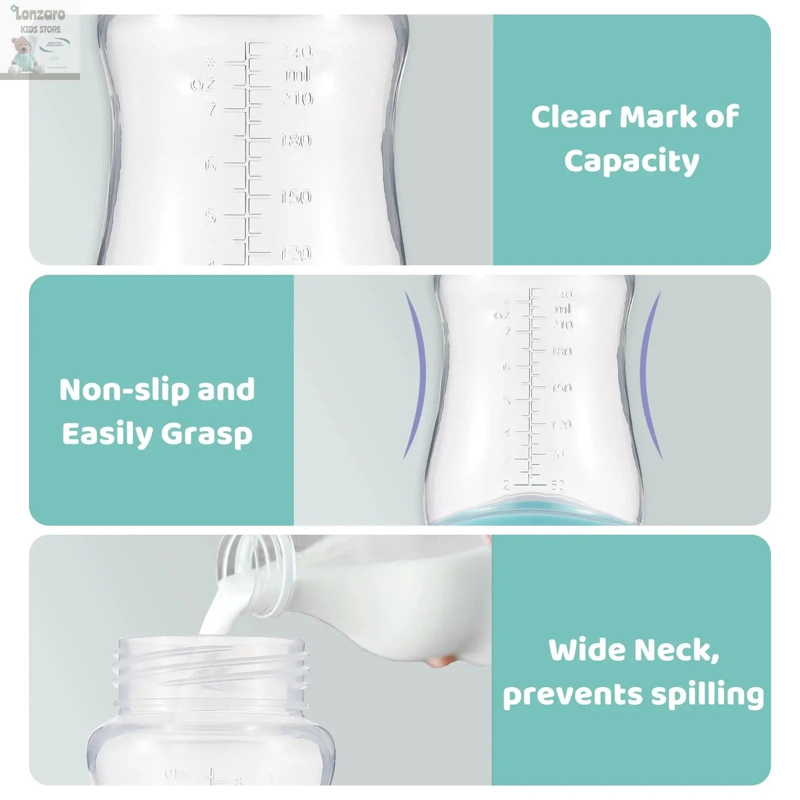 Baby Bottles Breastfeeding Bottles for Baby Milk Storage Bottles Baby Feeding Bottles with Silicone Nipple & Storage of 3PCS Lonzaro Kids