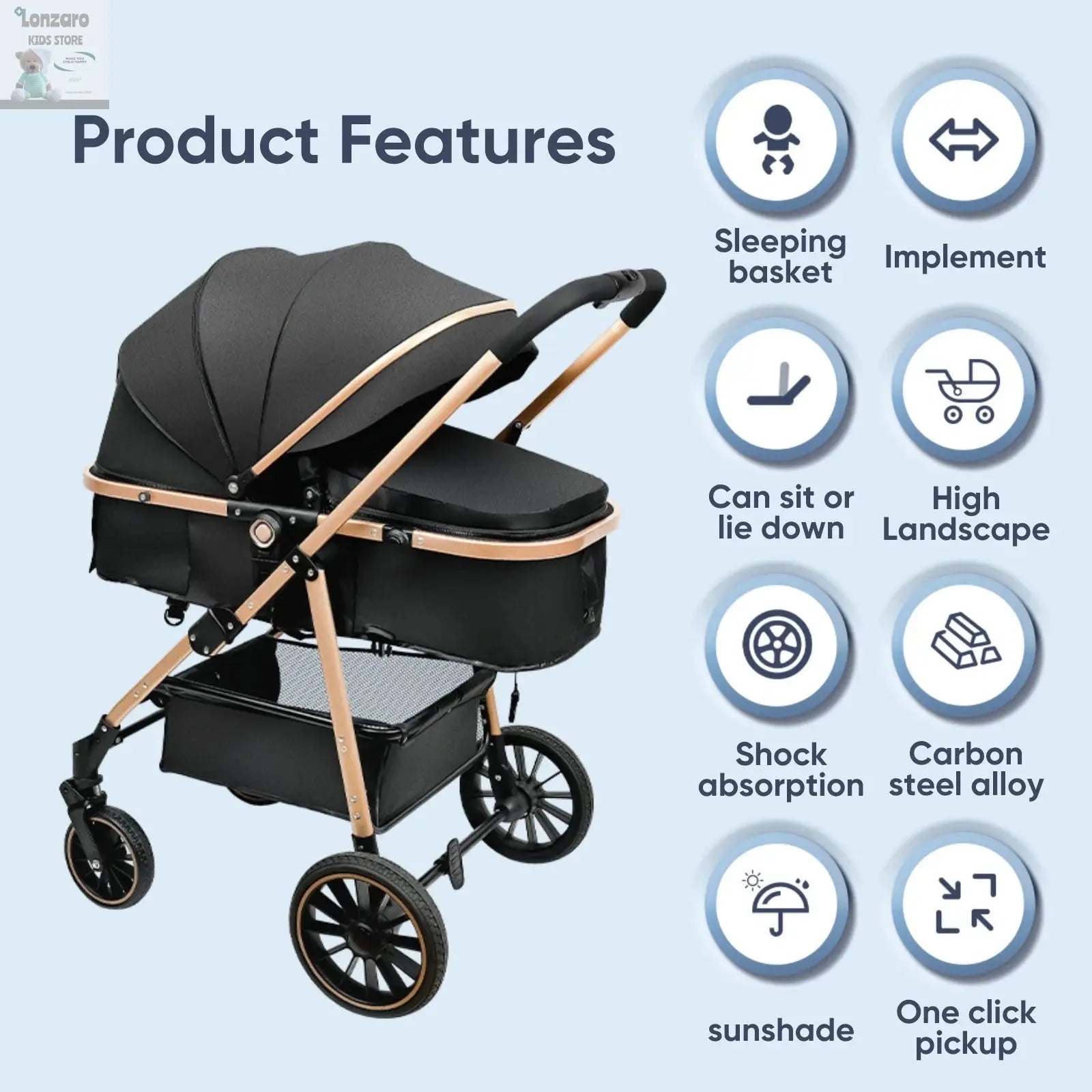 Baby Stroller 3 in 1 Luxurious Portable Baby Carriage Fold Pram High Landscape Aluminum Frame Newborn Infant Stroller Lonzaro Kids