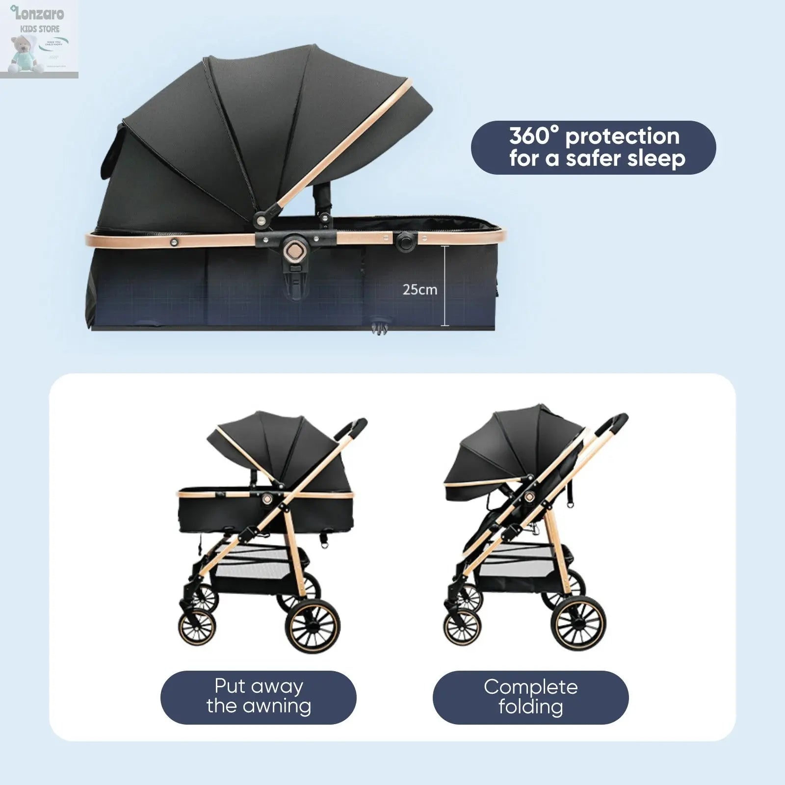 Baby Stroller 3 in 1 Luxurious Portable Baby Carriage Fold Pram High Landscape Aluminum Frame Newborn Infant Stroller Lonzaro Kids