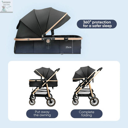 Baby Stroller 3 in 1 Luxurious Portable Baby Carriage Fold Pram High Landscape Aluminum Frame Newborn Infant Stroller Lonzaro Kids