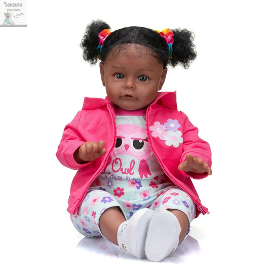 Bebe 60CM High Quality Reborn Toddler Sue-Sue In Dark Skin African American Baby Girl Doll Rooted Long Curly hair Handmade doll Lonzaro Kids