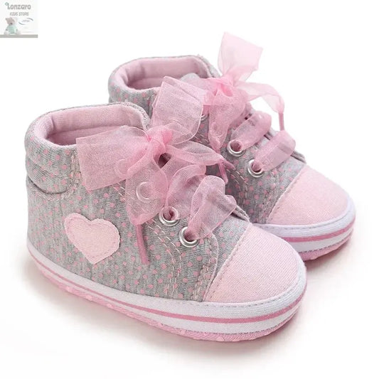 Best-selling Newborn Baby Infant Wearable Toddler Girls Canvas Shoes Heart Bow Tie Baby Lace Casual Shoes Anti-slip Soft Cotton Lonzaro Kids