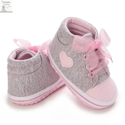 Best-selling Newborn Baby Infant Wearable Toddler Girls Canvas Shoes Heart Bow Tie Baby Lace Casual Shoes Anti-slip Soft Cotton Lonzaro Kids