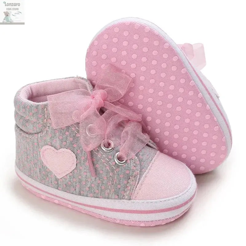 Best-selling Newborn Baby Infant Wearable Toddler Girls Canvas Shoes Heart Bow Tie Baby Lace Casual Shoes Anti-slip Soft Cotton Lonzaro Kids