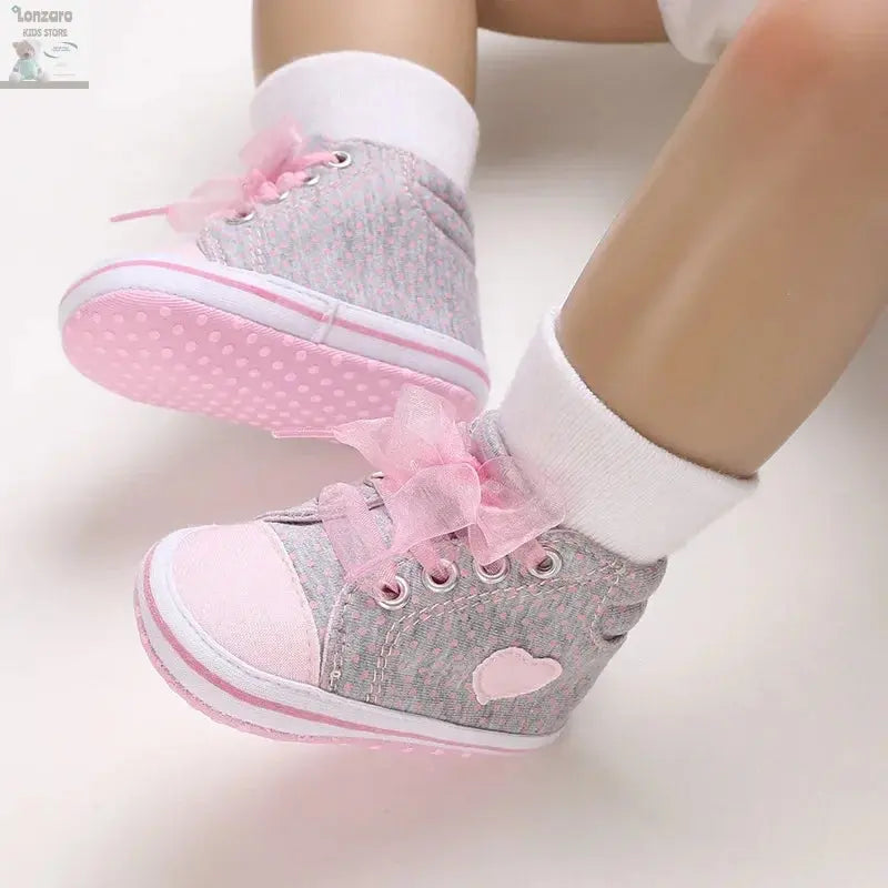 Best-selling Newborn Baby Infant Wearable Toddler Girls Canvas Shoes Heart Bow Tie Baby Lace Casual Shoes Anti-slip Soft Cotton Lonzaro Kids