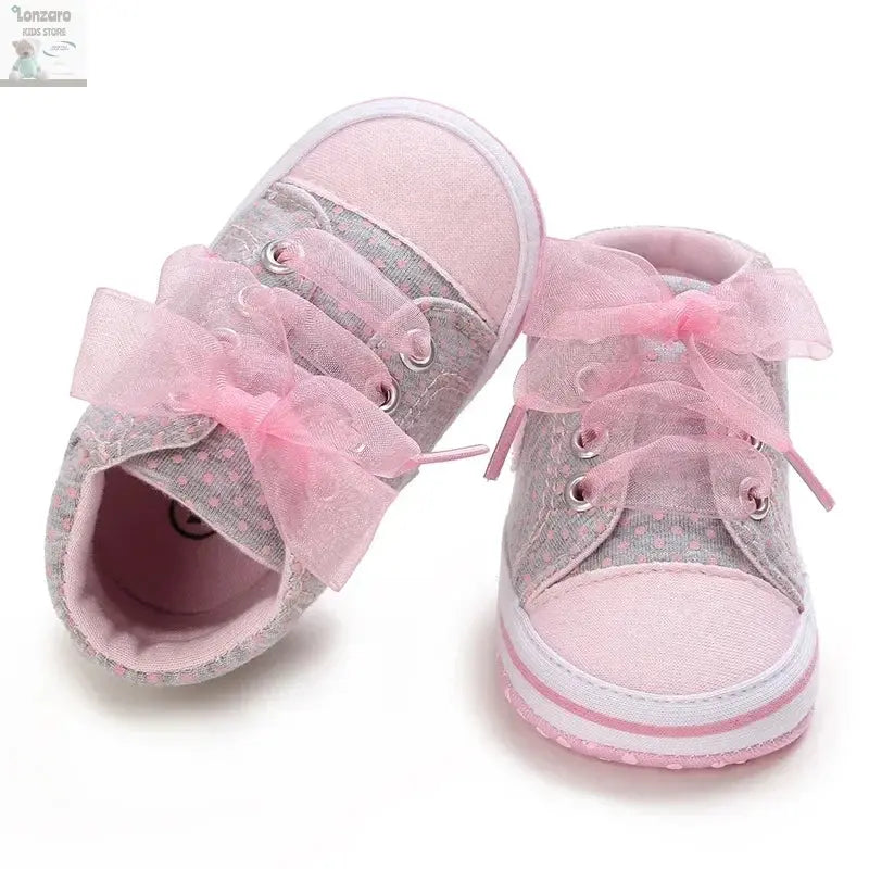 Best-selling Newborn Baby Infant Wearable Toddler Girls Canvas Shoes Heart Bow Tie Baby Lace Casual Shoes Anti-slip Soft Cotton Lonzaro Kids
