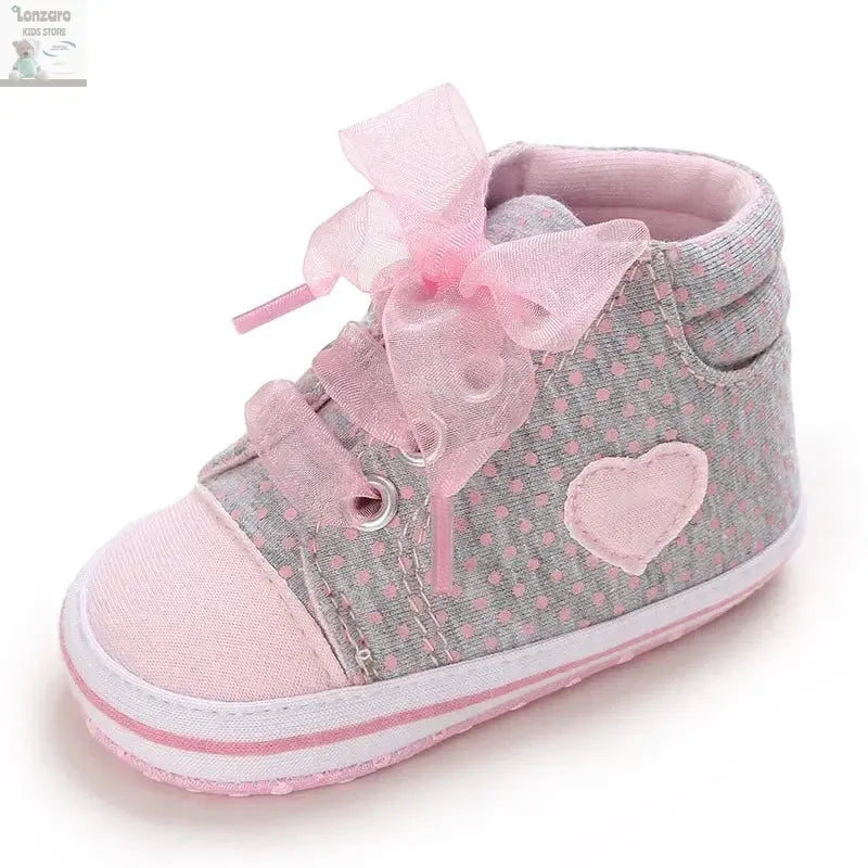Best-selling Newborn Baby Infant Wearable Toddler Girls Canvas Shoes Heart Bow Tie Baby Lace Casual Shoes Anti-slip Soft Cotton Lonzaro Kids