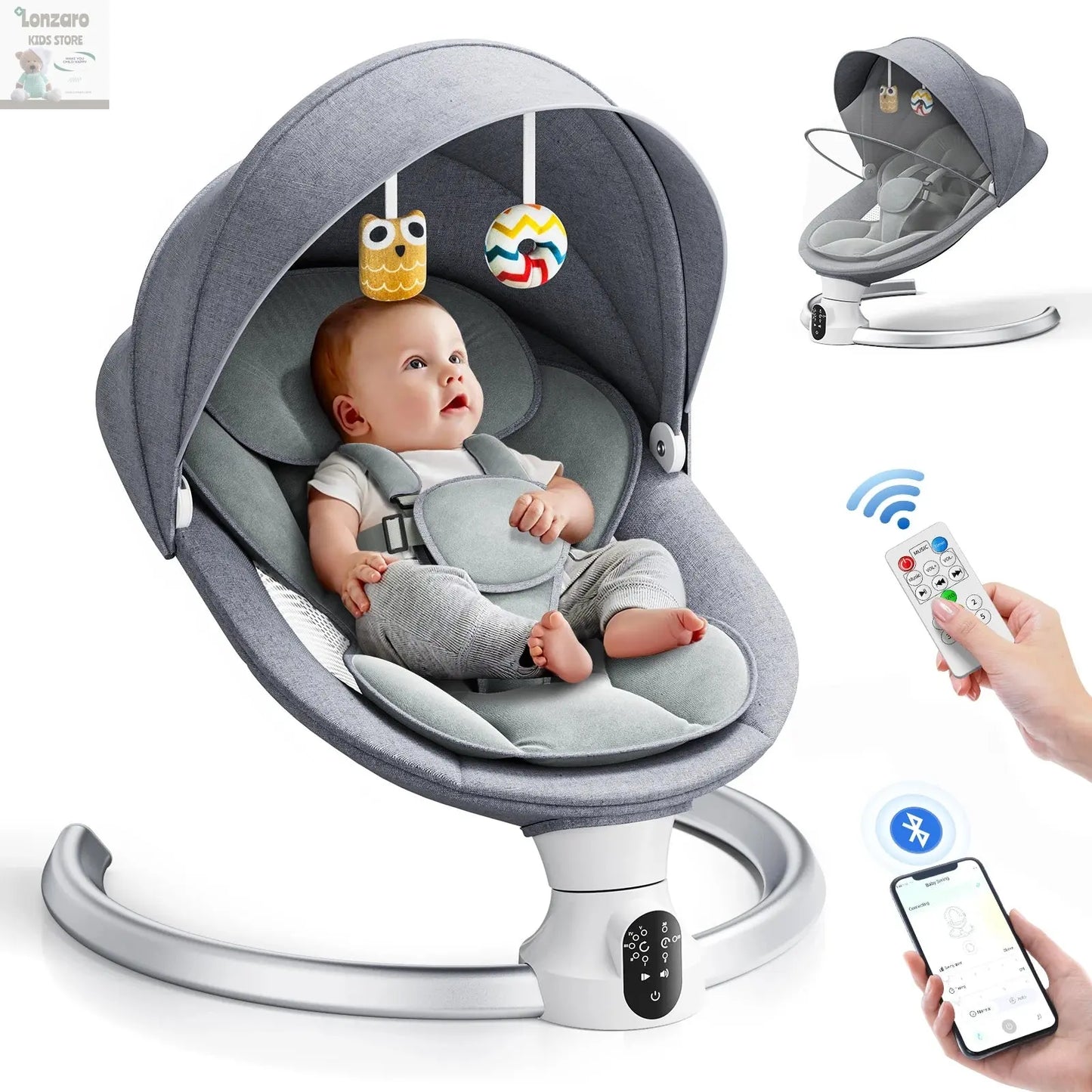 Electric baby swing gray, baby lounge chair with remote control and wireless control style application,up to 9kg Lonzaro Kids