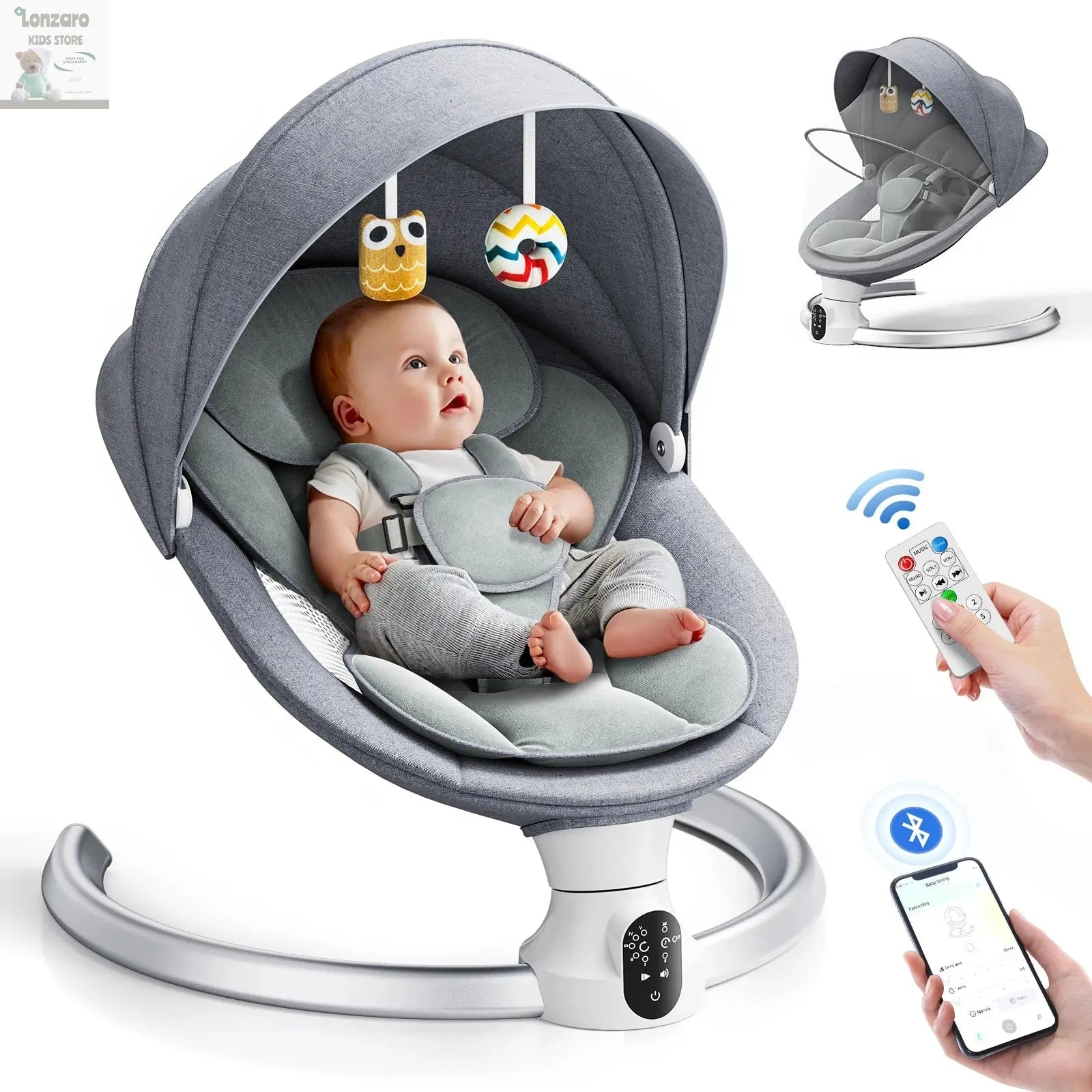 Electric baby swing gray, baby lounge chair with remote control and wireless control style application,up to 9kg Lonzaro Kids