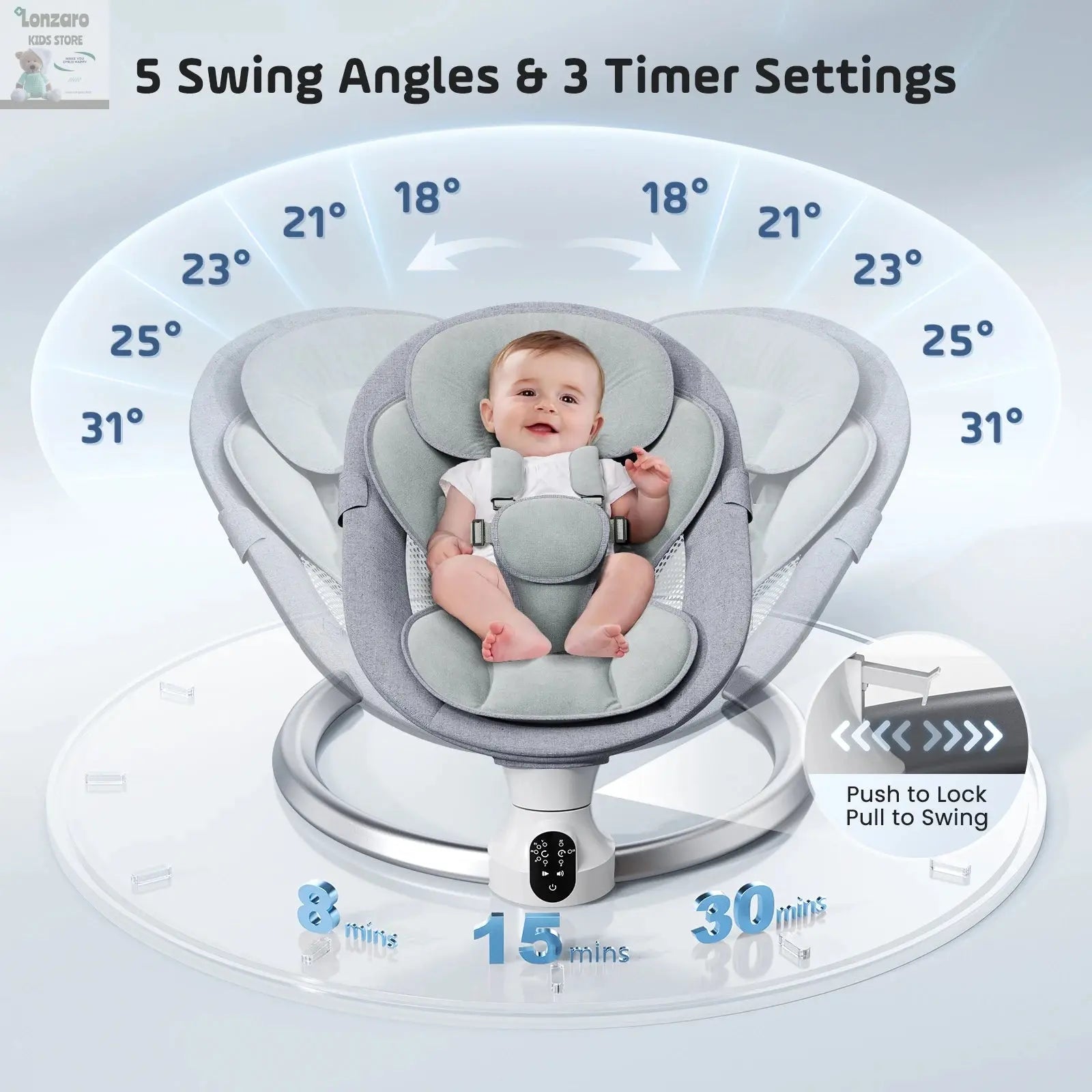Electric baby swing gray, baby lounge chair with remote control and wireless control style application,up to 9kg Lonzaro Kids