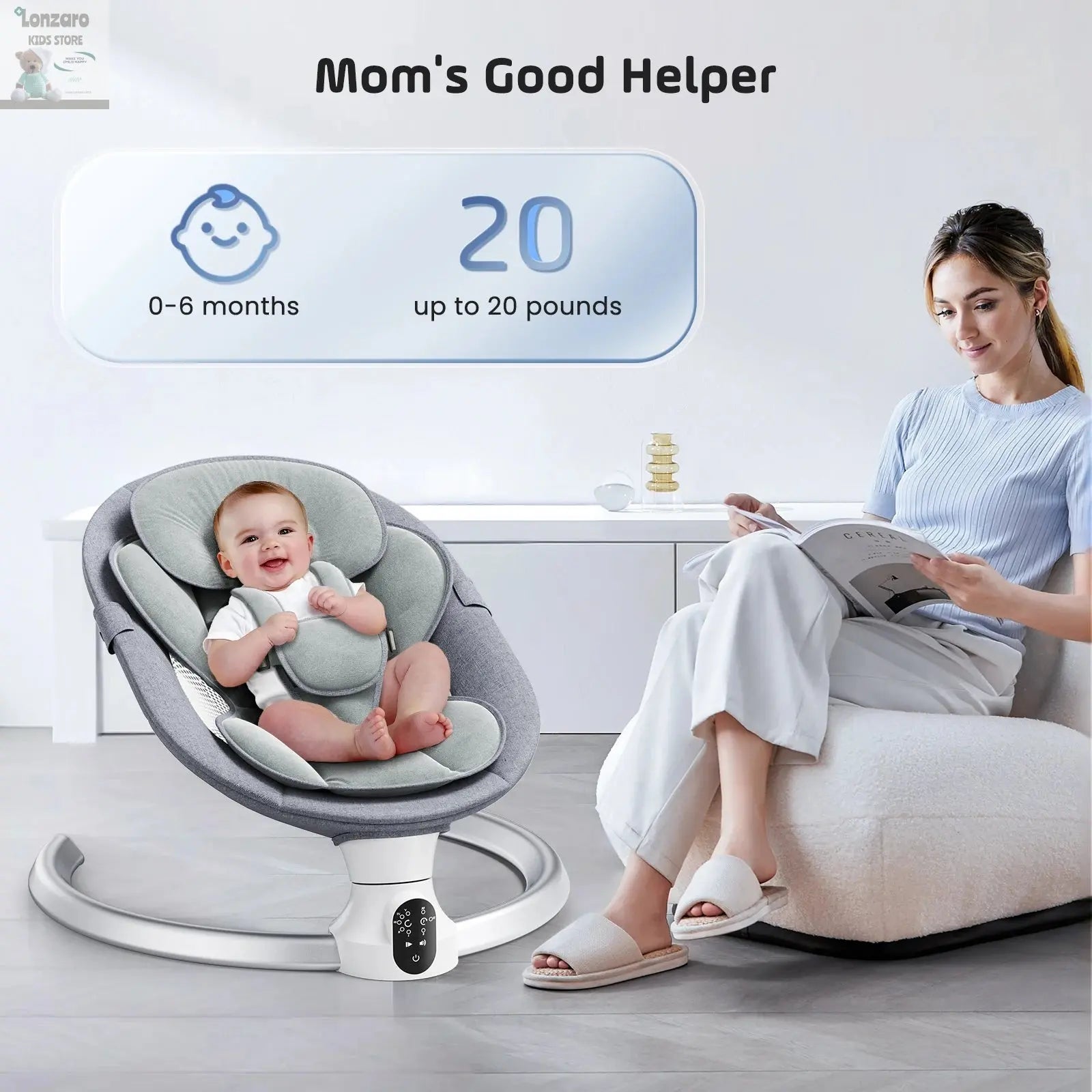 Electric baby swing gray, baby lounge chair with remote control and wireless control style application,up to 9kg Lonzaro Kids