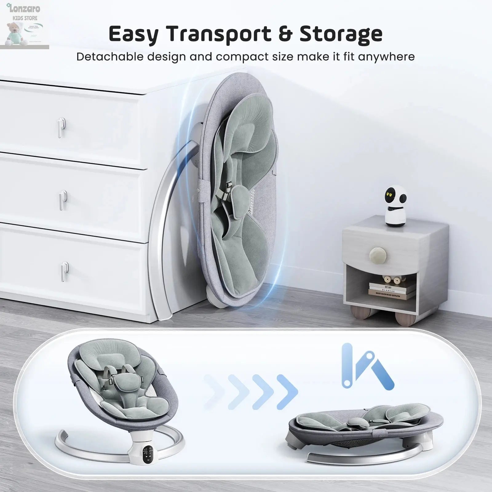 Electric baby swing gray, baby lounge chair with remote control and wireless control style application,up to 9kg Lonzaro Kids
