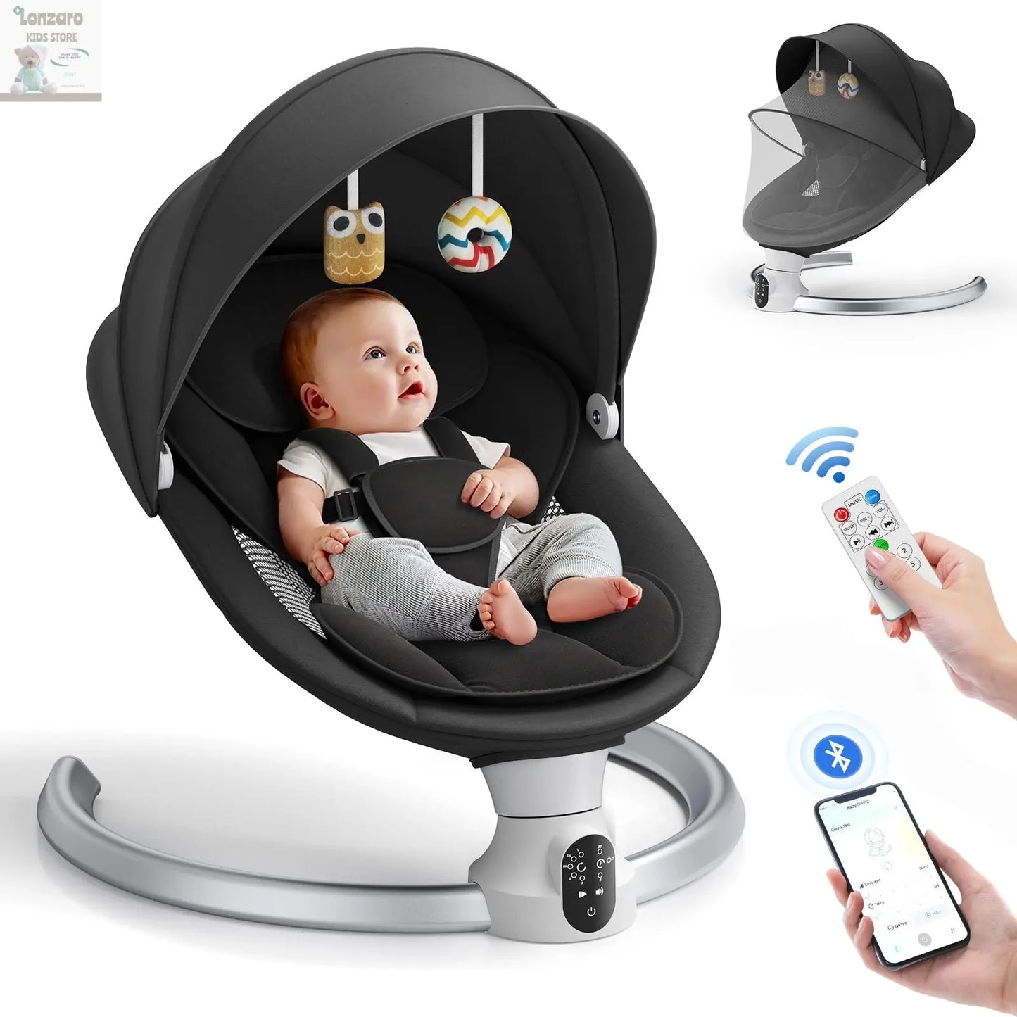 Electric baby swing gray, baby lounge chair with remote control and wireless control style application,up to 9kg Lonzaro Kids