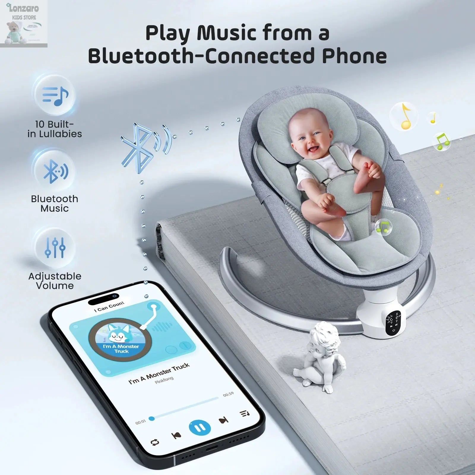 Electric baby swing gray, baby lounge chair with remote control and wireless control style application,up to 9kg Lonzaro Kids