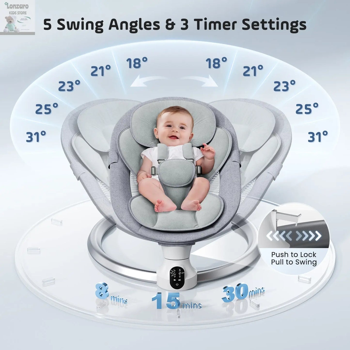 Electric baby swing gray, baby lounge chair with remote control and wireless control style application,up to 9kg Lonzaro Kids