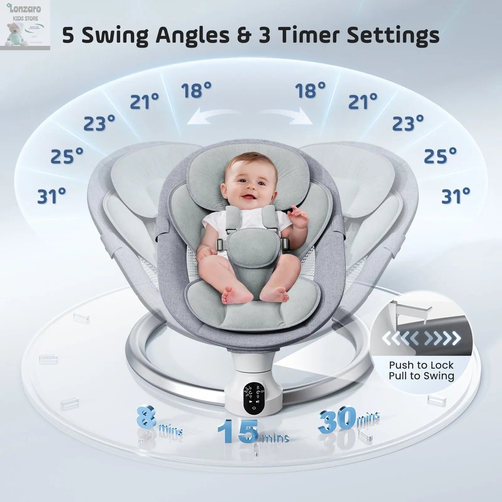 Electric baby swing gray, baby lounge chair with remote control and wireless control style application,up to 9kg Lonzaro Kids
