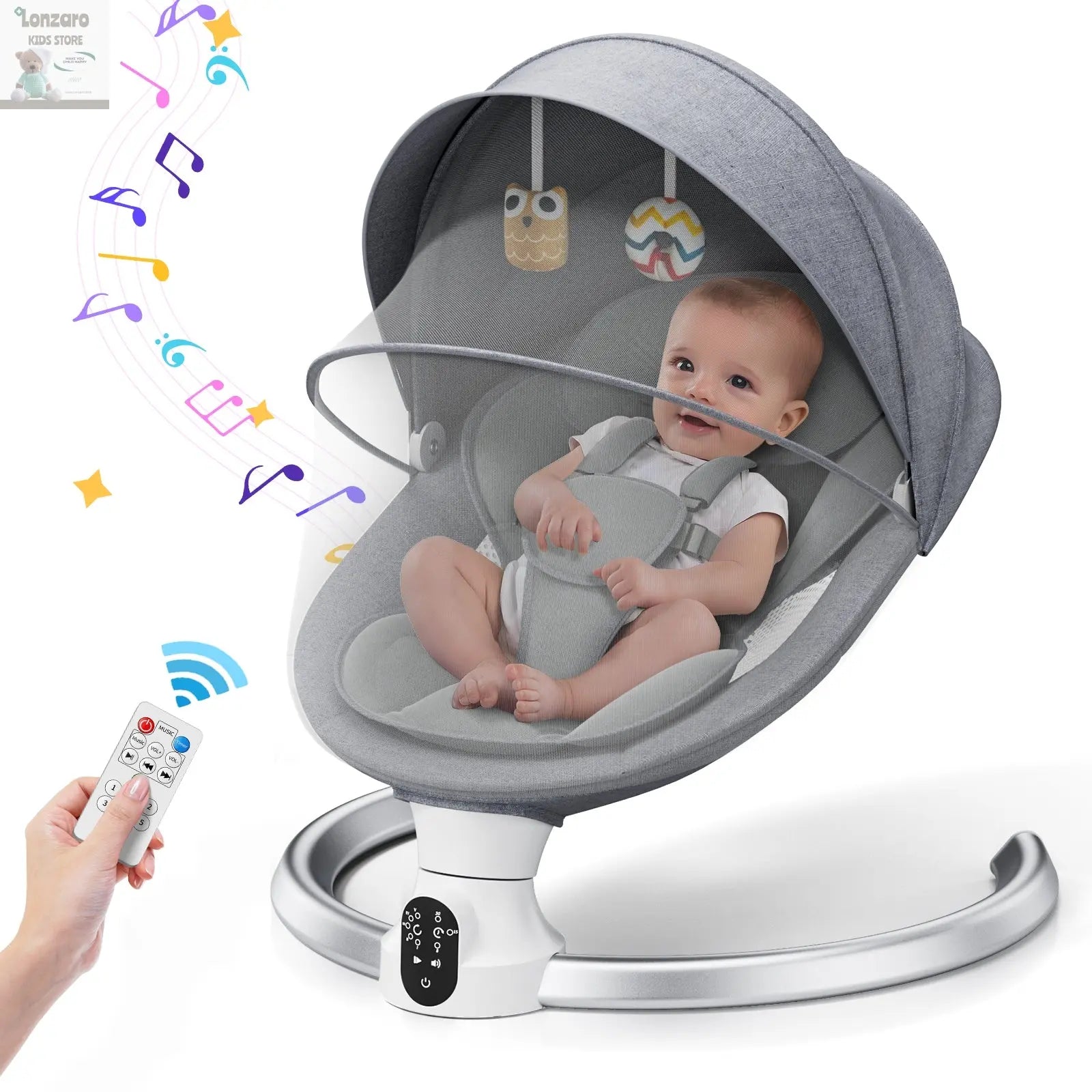 Electric baby swing gray, baby lounge chair with remote control and wireless control style application,up to 9kg Lonzaro Kids