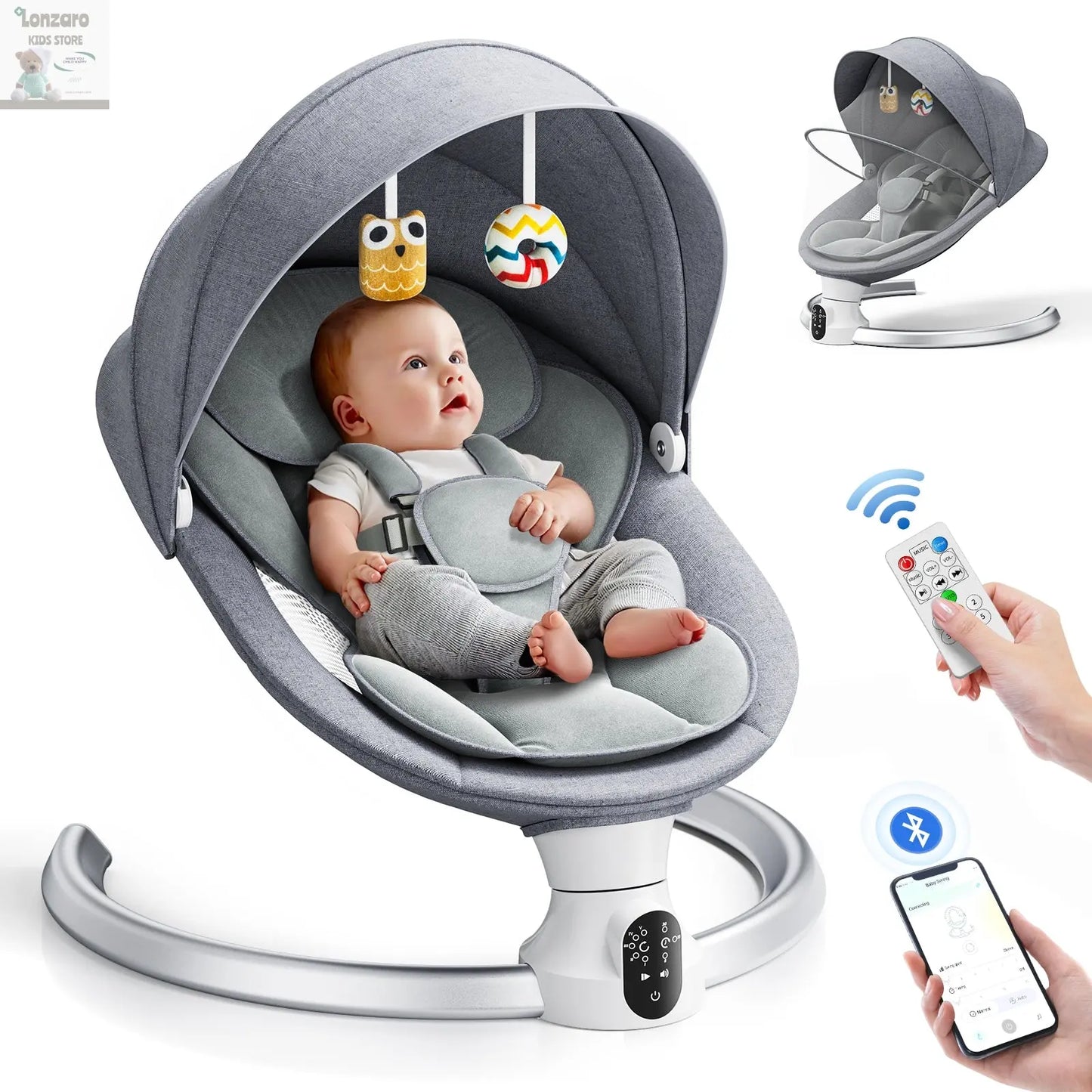 Electric baby swing gray, baby lounge chair with remote control and wireless control style application,up to 9kg Lonzaro Kids