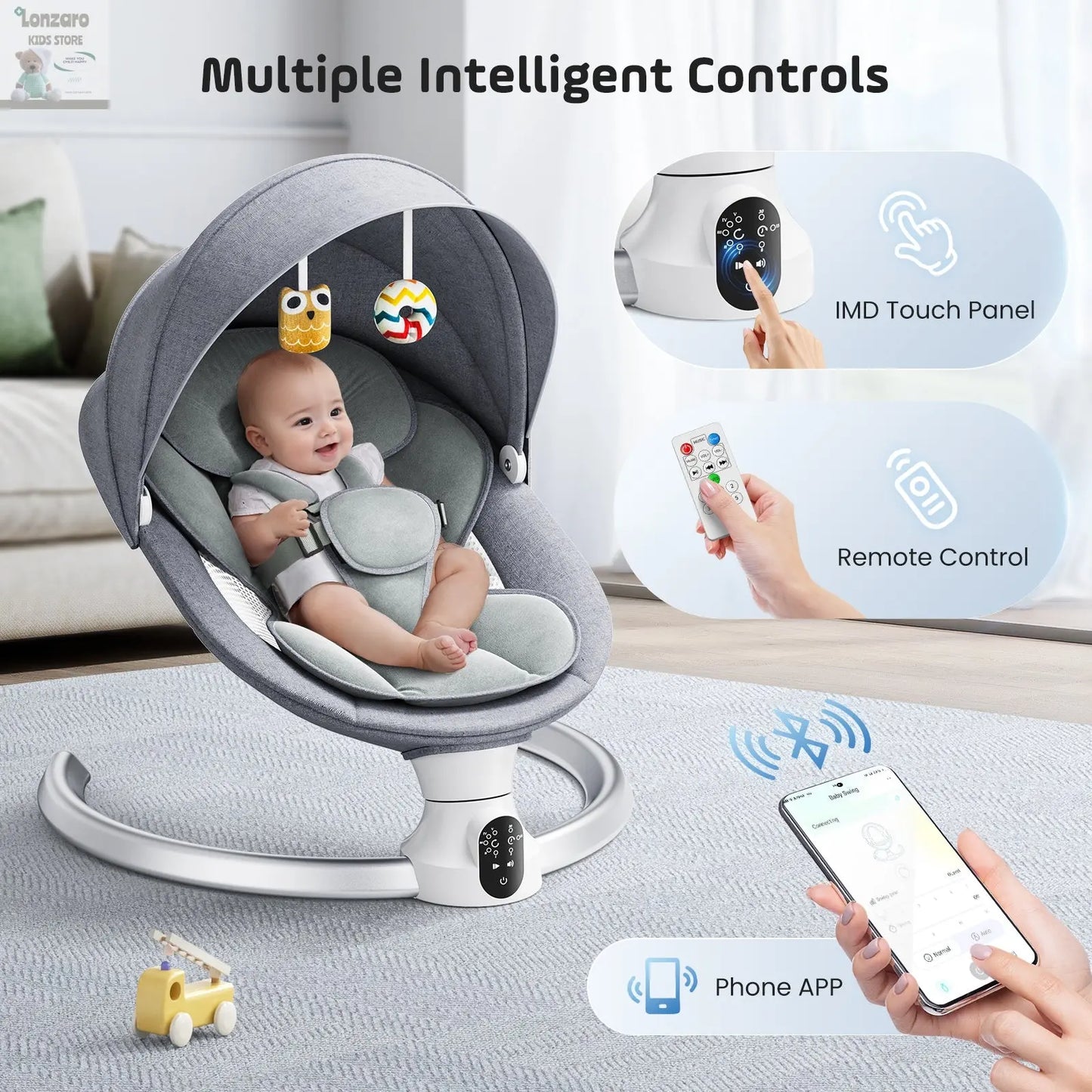 Electric baby swing gray, baby lounge chair with remote control and wireless control style application,up to 9kg Lonzaro Kids