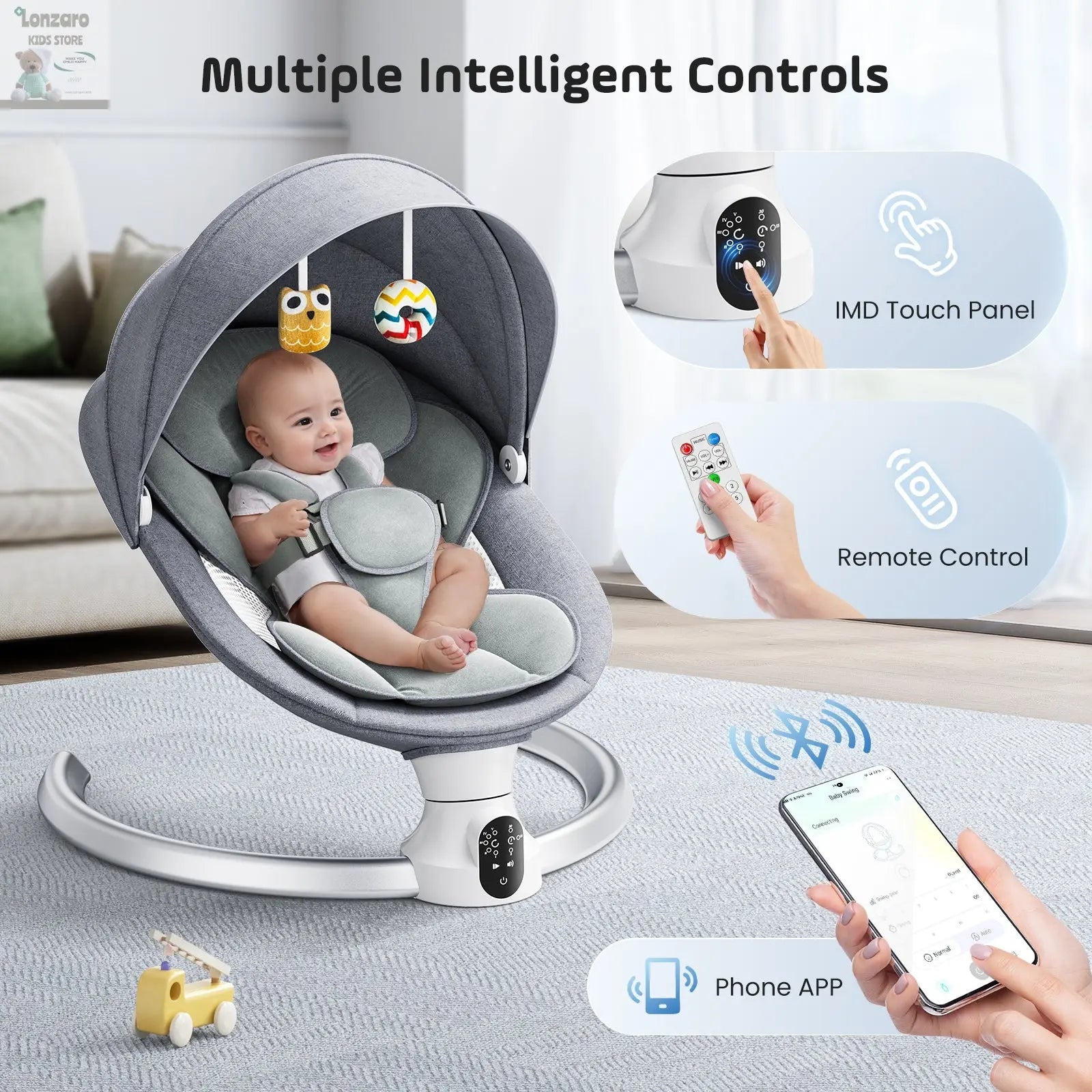 Electric baby swing gray, baby lounge chair with remote control and wireless control style application,up to 9kg Lonzaro Kids