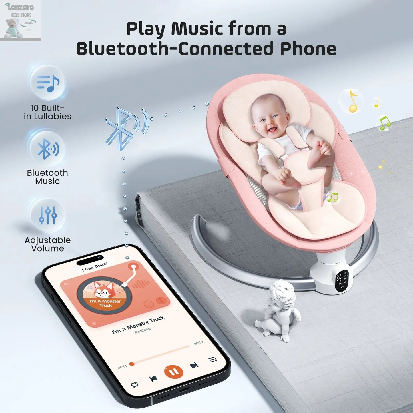 Electric baby swing gray, baby lounge chair with remote control and wireless control style application,up to 9kg Lonzaro Kids