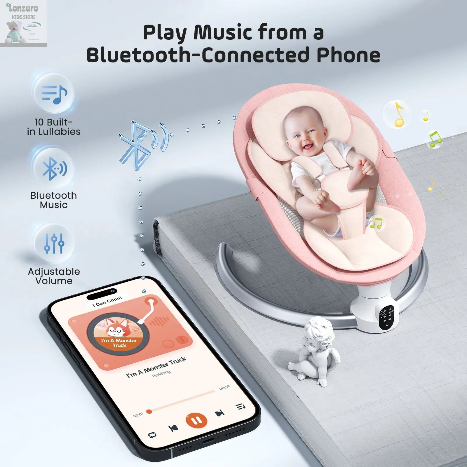Electric baby swing gray, baby lounge chair with remote control and wireless control style application,up to 9kg Lonzaro Kids