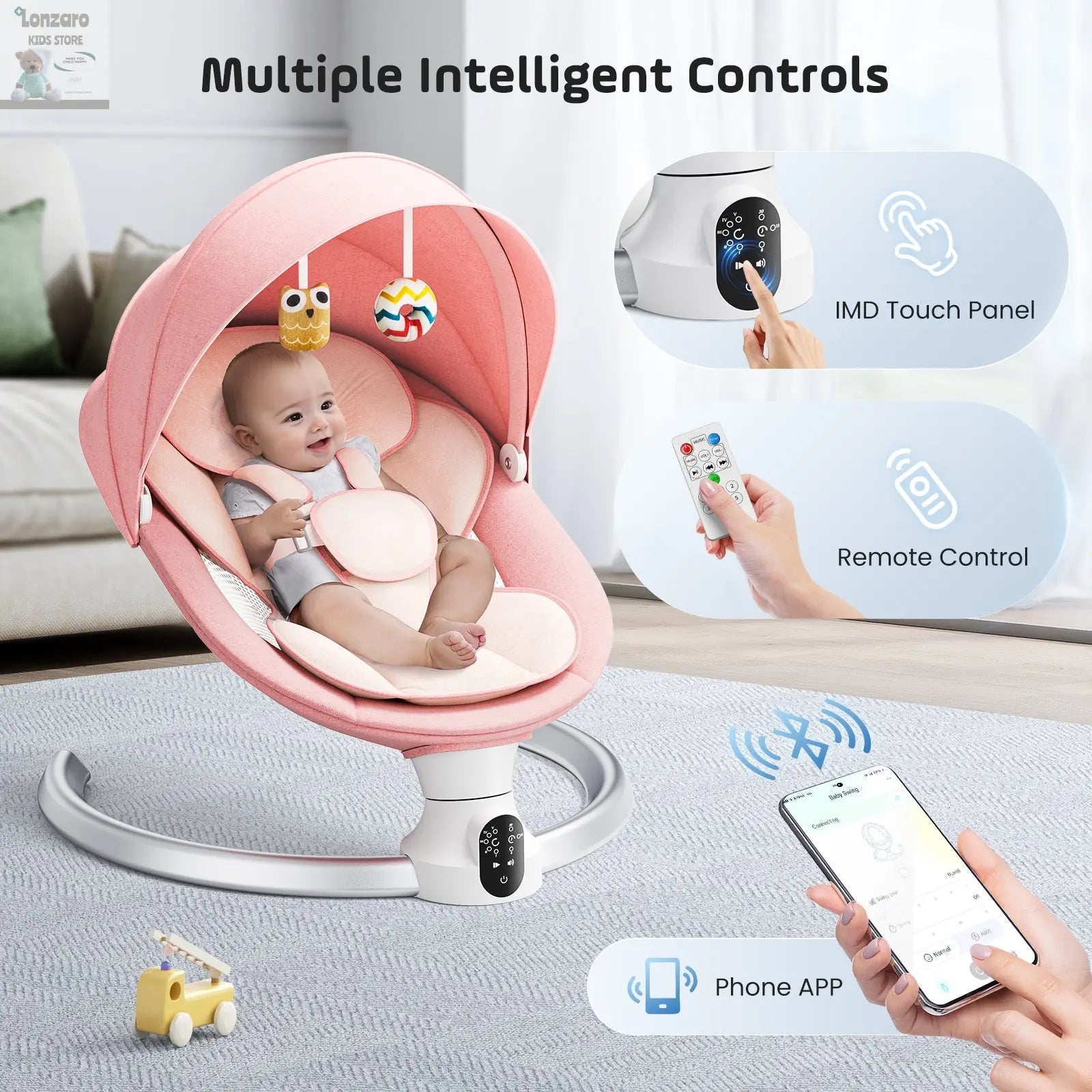 Electric baby swing gray, baby lounge chair with remote control and wireless control style application,up to 9kg Lonzaro Kids