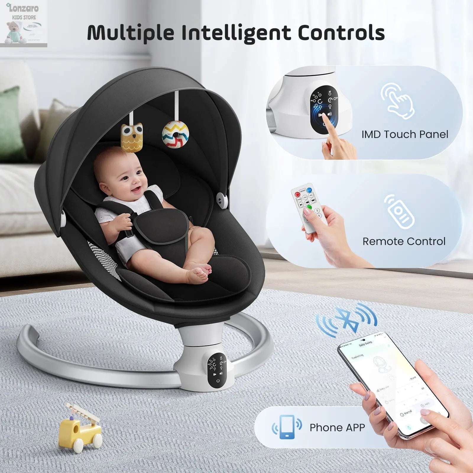 Electric baby swing gray, baby lounge chair with remote control and wireless control style application,up to 9kg Lonzaro Kids