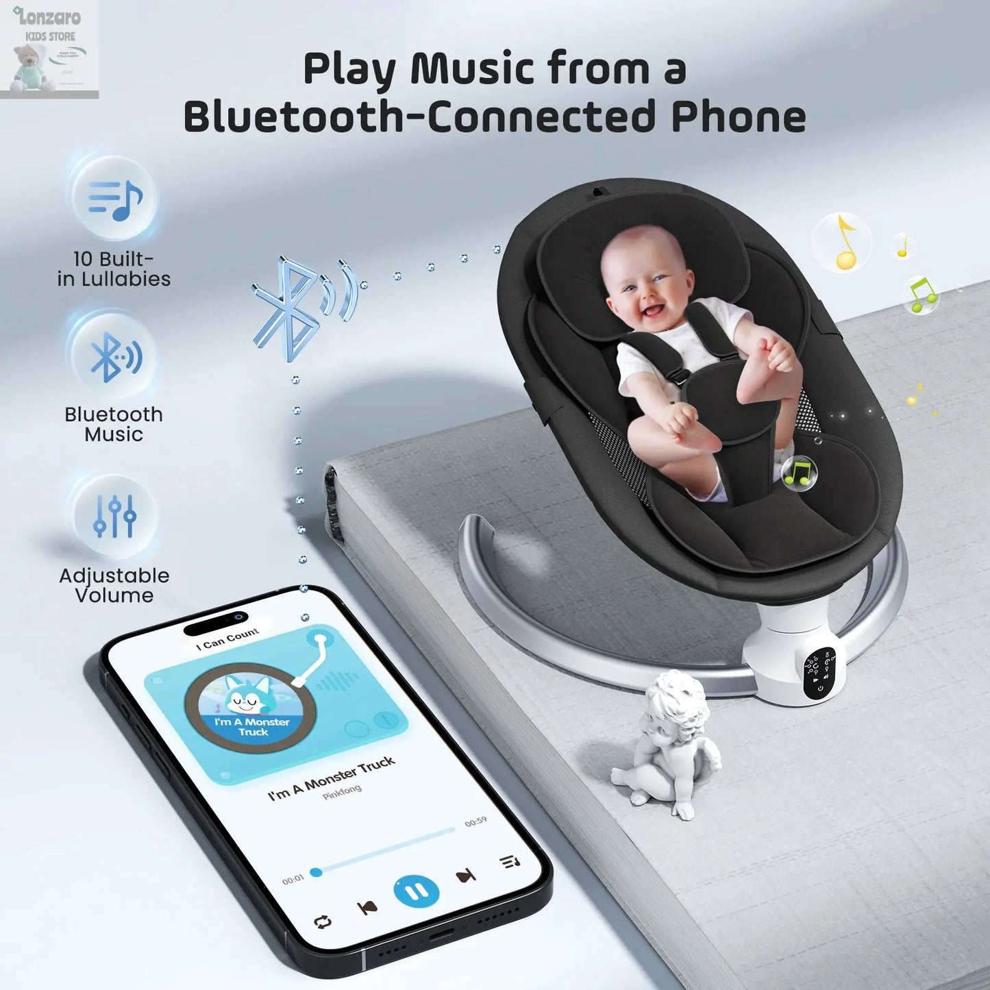 Electric baby swing gray, baby lounge chair with remote control and wireless control style application,up to 9kg Lonzaro Kids
