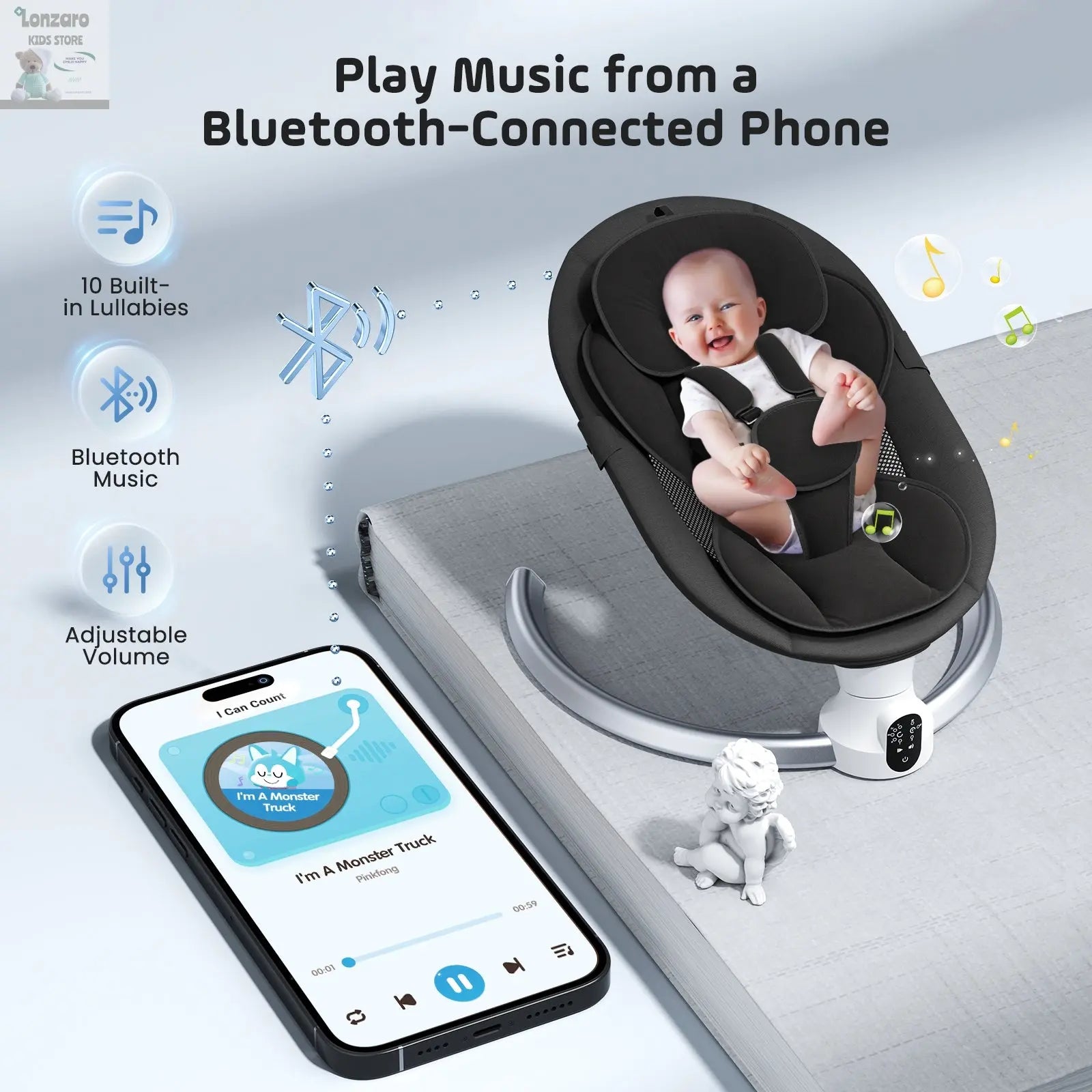Electric baby swing gray, baby lounge chair with remote control and wireless control style application,up to 9kg Lonzaro Kids