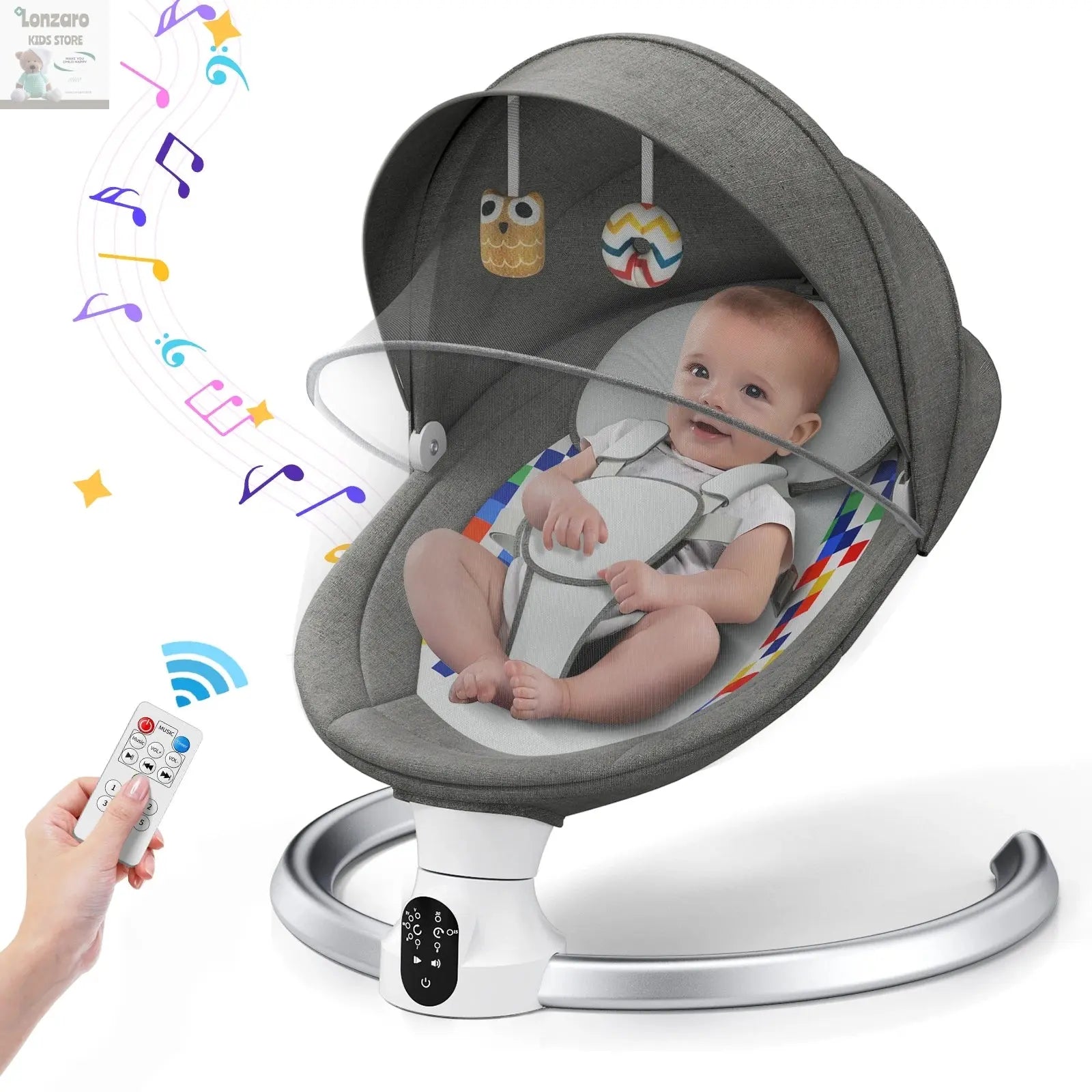 Electric baby swing gray, baby lounge chair with remote control and wireless control style application,up to 9kg Lonzaro Kids