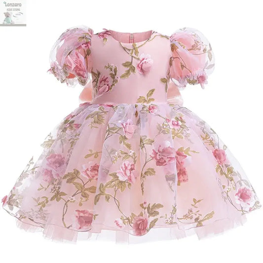 Girls 3D Rose Bubble Sleeves Princess Dress New Children's Fashion Lace Dress Carnival Birthday Party Performance Clothing Lonzaro Kids