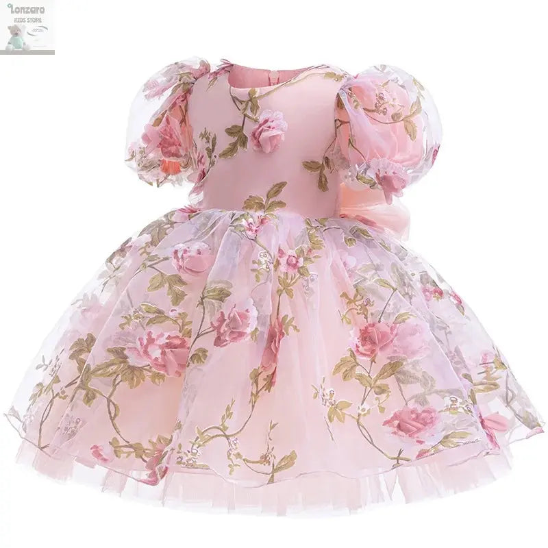Girls 3D Rose Bubble Sleeves Princess Dress New Children's Fashion Lace Dress Carnival Birthday Party Performance Clothing Lonzaro Kids