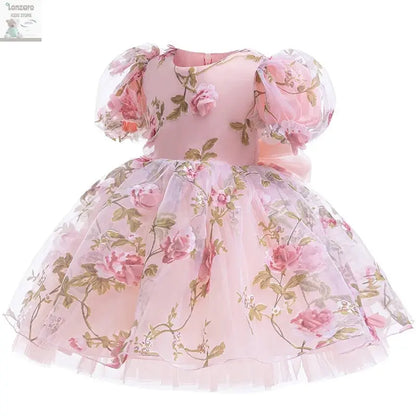 Girls 3D Rose Bubble Sleeves Princess Dress New Children's Fashion Lace Dress Carnival Birthday Party Performance Clothing Lonzaro Kids