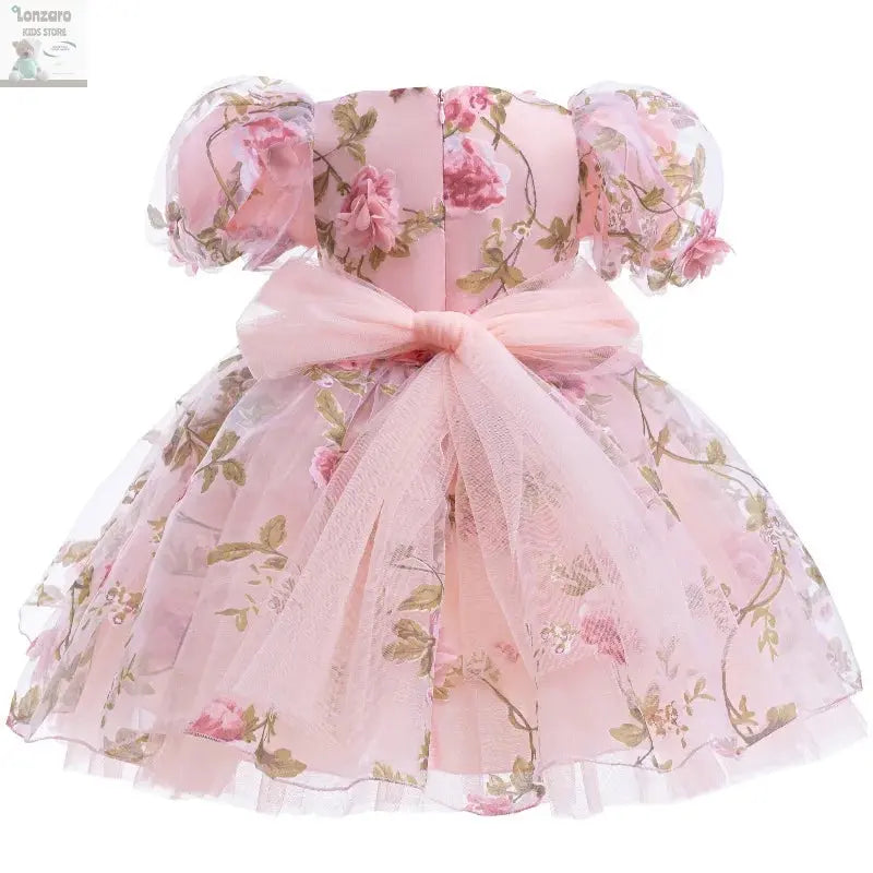 Girls 3D Rose Bubble Sleeves Princess Dress New Children's Fashion Lace Dress Carnival Birthday Party Performance Clothing Lonzaro Kids