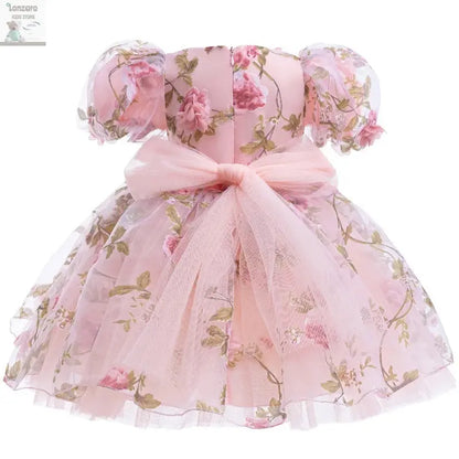Girls 3D Rose Bubble Sleeves Princess Dress New Children's Fashion Lace Dress Carnival Birthday Party Performance Clothing Lonzaro Kids
