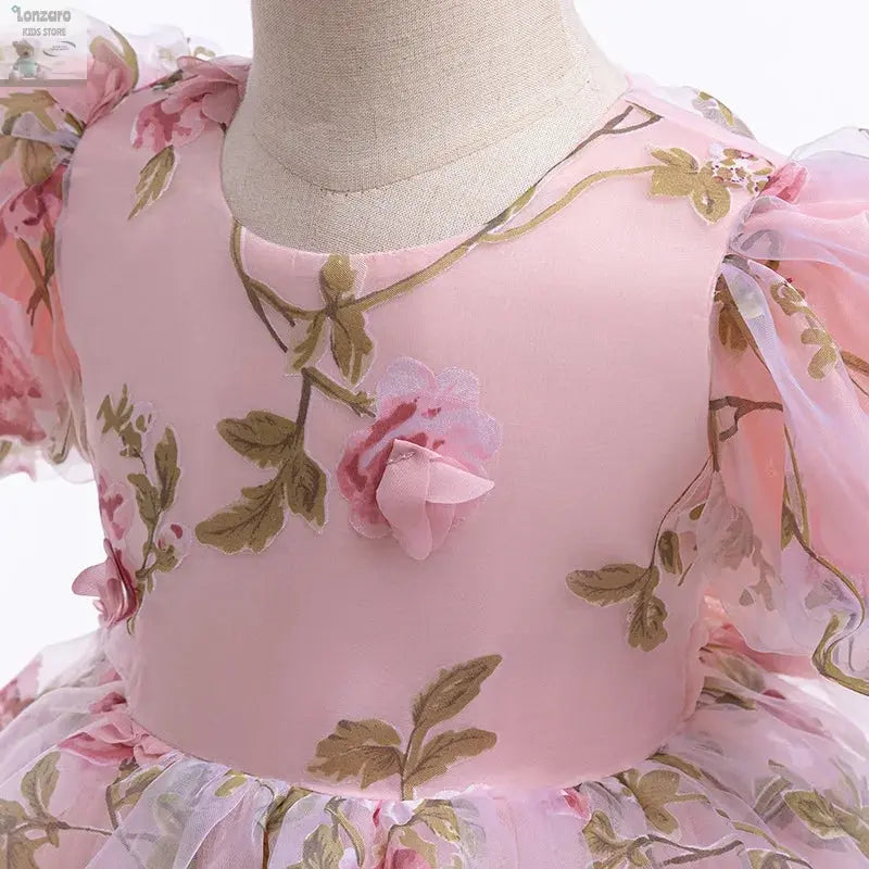Girls 3D Rose Bubble Sleeves Princess Dress New Children's Fashion Lace Dress Carnival Birthday Party Performance Clothing Lonzaro Kids