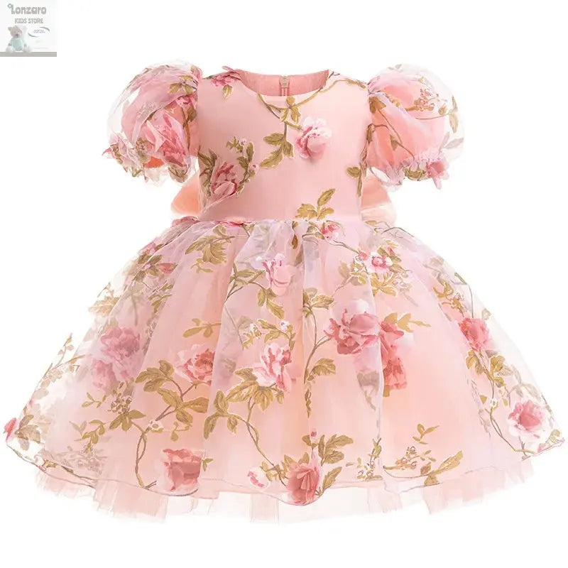 Girls 3D Rose Bubble Sleeves Princess Dress New Children's Fashion Lace Dress Carnival Birthday Party Performance Clothing Lonzaro Kids