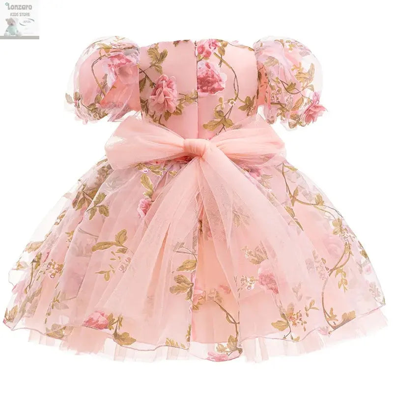Girls 3D Rose Bubble Sleeves Princess Dress New Children's Fashion Lace Dress Carnival Birthday Party Performance Clothing Lonzaro Kids