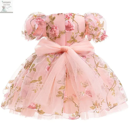Girls 3D Rose Bubble Sleeves Princess Dress New Children's Fashion Lace Dress Carnival Birthday Party Performance Clothing Lonzaro Kids