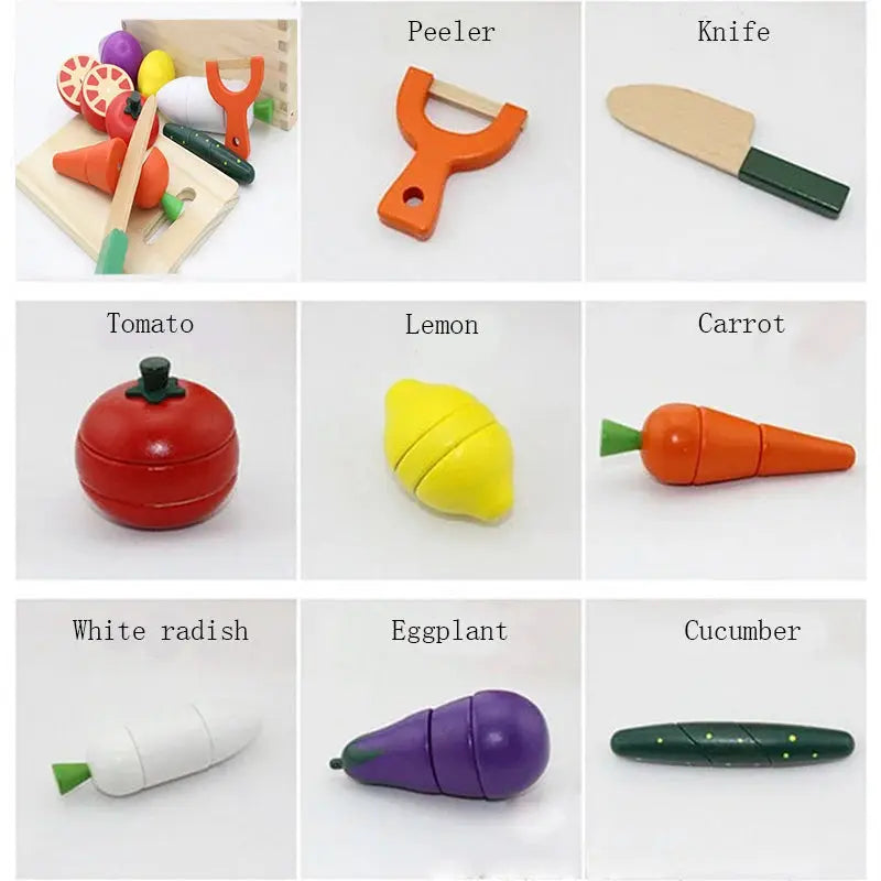 Simulation Kitchen Series Montessori Cut Fruits and Vegetables Wooden Toys Classic Pretend Play Cooking Interest Cultivation Lonzaro Kids