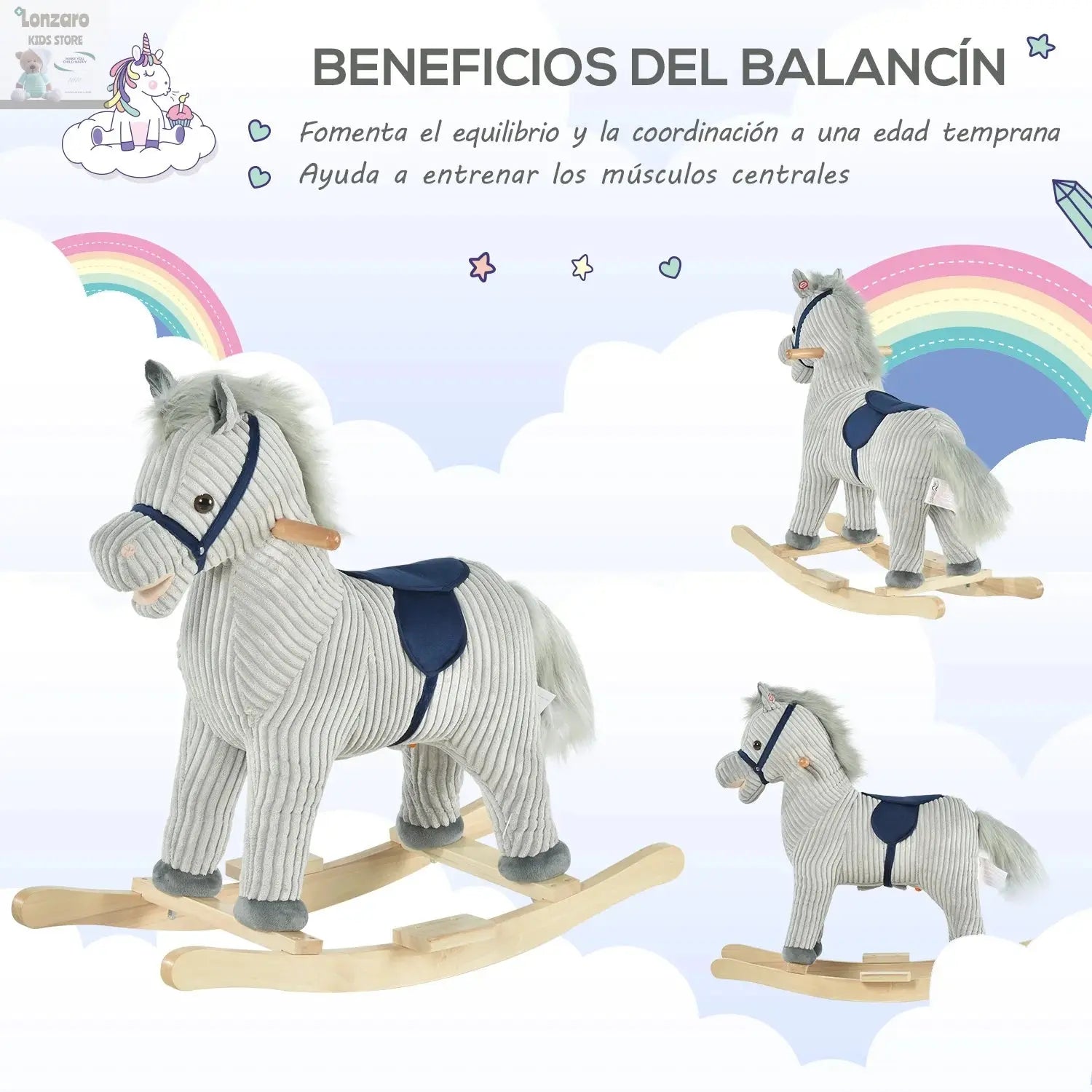 HOMCOM Children's rocking horse + 3 years old with sound 73x35x64cm Gray Lonzaro Kids