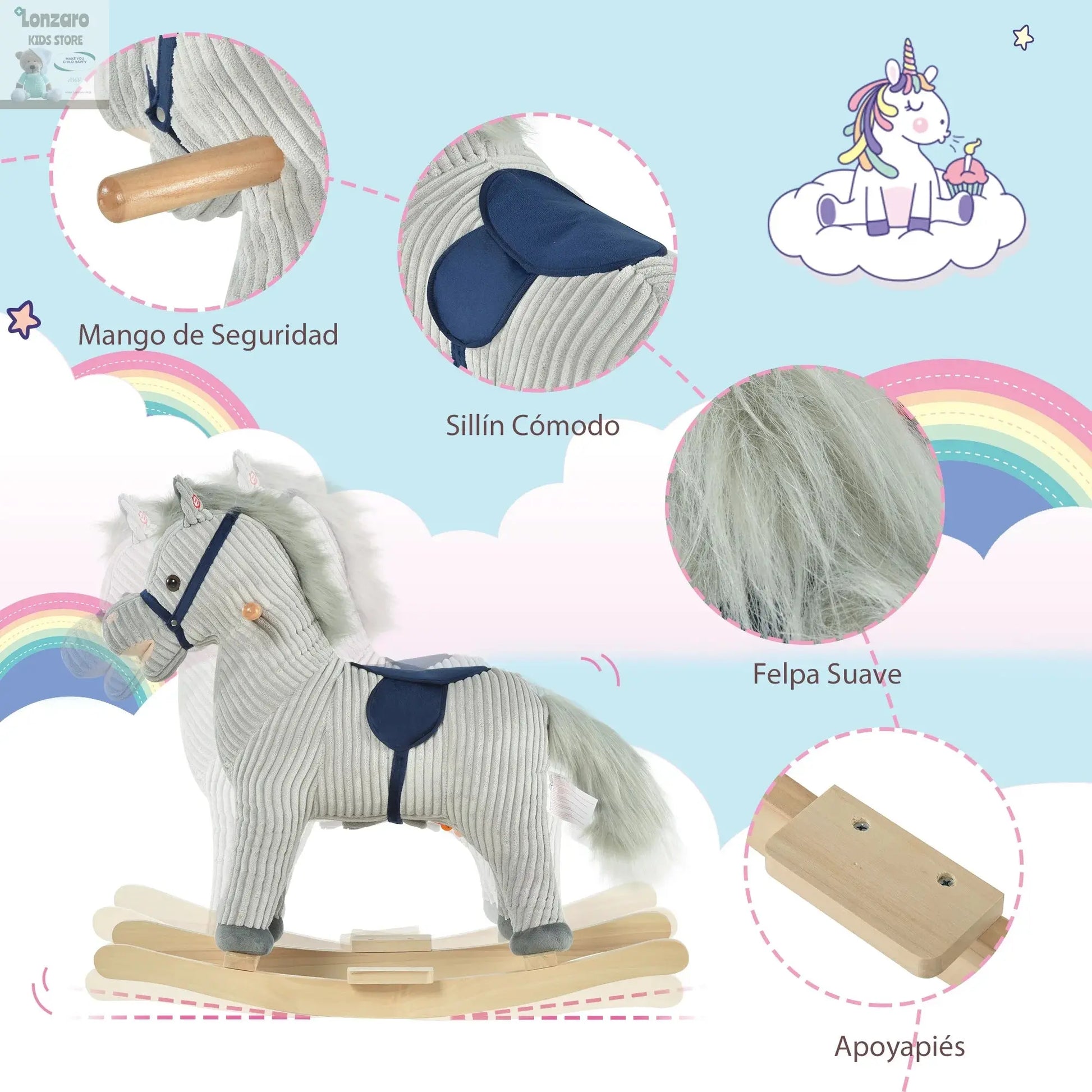 HOMCOM Children's rocking horse + 3 years old with sound 73x35x64cm Gray Lonzaro Kids